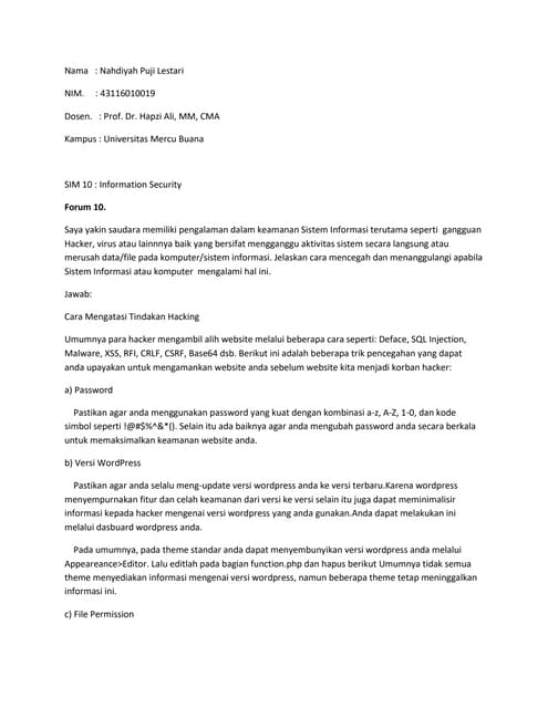 SIM 10 : Nahdiyah Puji Lestari. Prof.Dr. Hapzi Ali, MM,CMA.Informasi Keamanan
