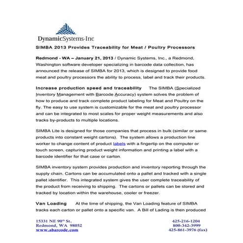 Dynamic Systems 2019 Simba-Meat Processing System | PDF