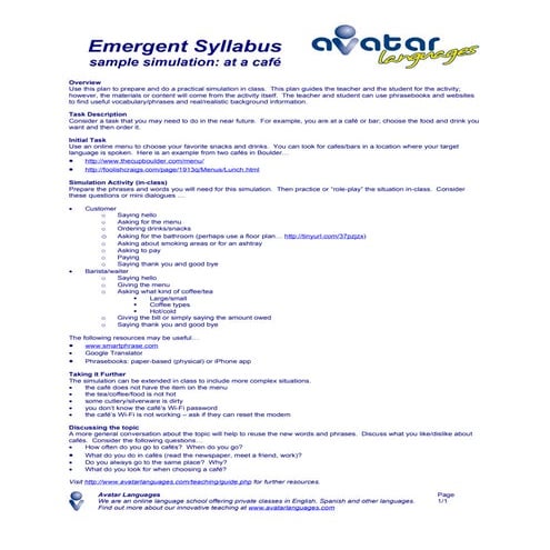 Simulation Plan - Cafe (Emergent Syllabus)