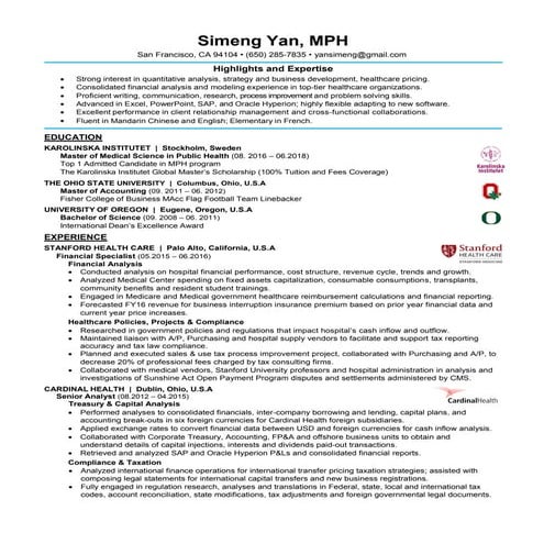Simeng Yan Resume, Strategy and Business Development, MPH, Pricing