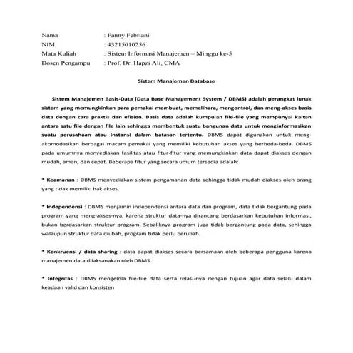 SIM, FANNY FEBRIANI, PROF. DR. HAPZI ALI, CMA, SISTEM MANAJEMEN DATABASE, UNI...