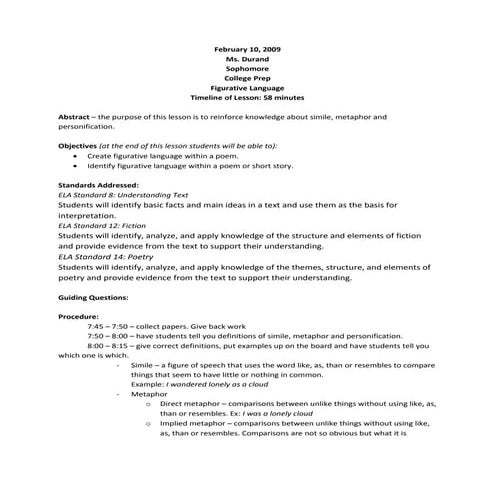 Simile Personifcation Metaphor Lesson