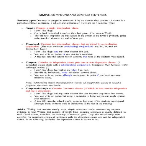 Simple, compound and complex sentences