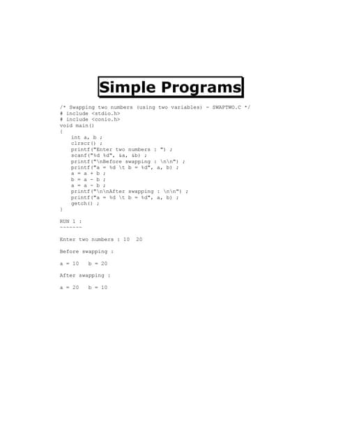 Simple C programs | PDF