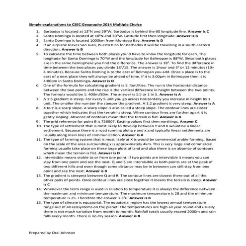 Simple explanations to Csec Geography 2014 multiple choice