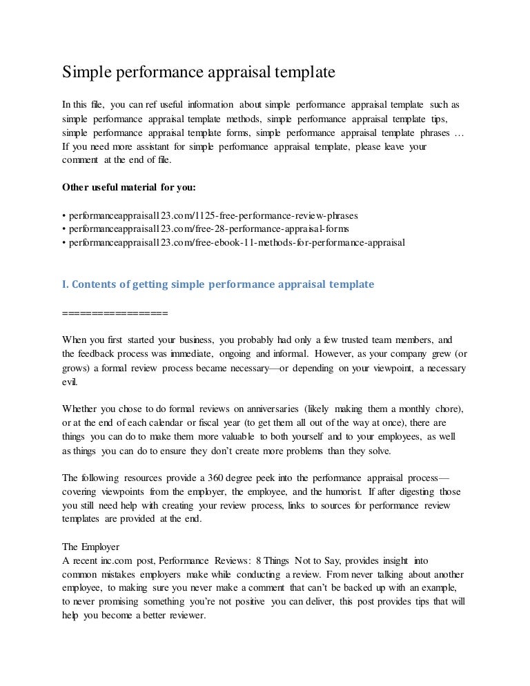 simple performance appraisal template simple performance appraisal template