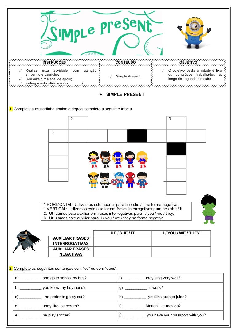 Atividade De Ingles 7 Ano Simple Present