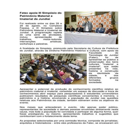 Fatec apoia III Simpósio do Patrimônio Material e Imaterial de Jundiaí