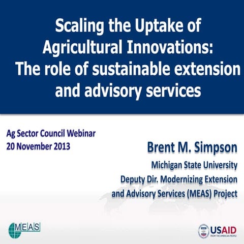Scaling the Uptake of Agricultural Innovation and the Role of Sustainable Ext...