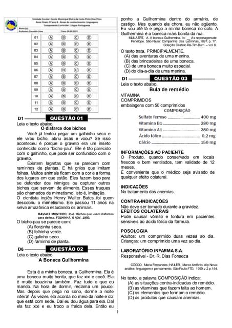 Simulado de português 5º ano spaece 2014 | PDF