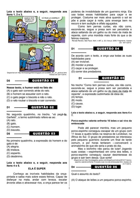 Atividade de leitura e interpretação 9º ano | PDF