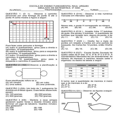 Simulado de matemática 5ºano