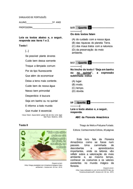 Simulado de português 5º ano spaece 2014 | PDF