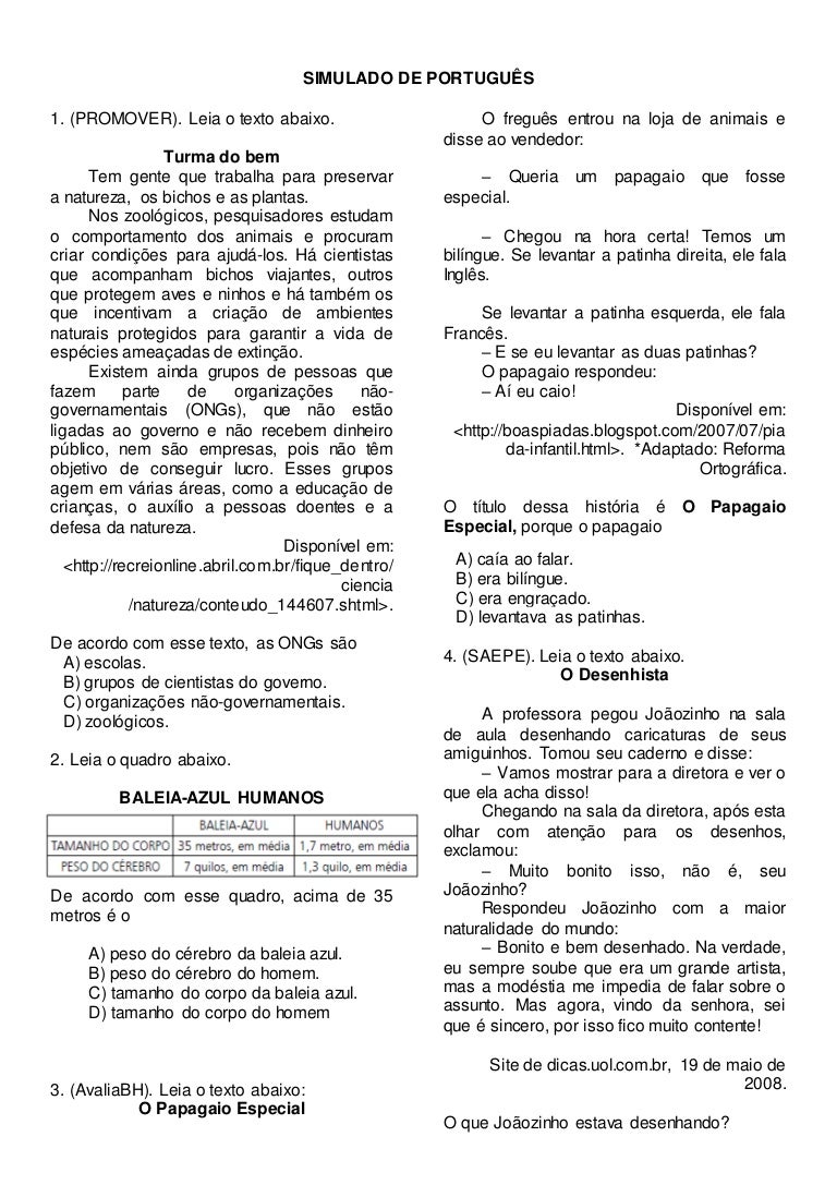 Simulado De Portugues 5 Ano Professora Carol