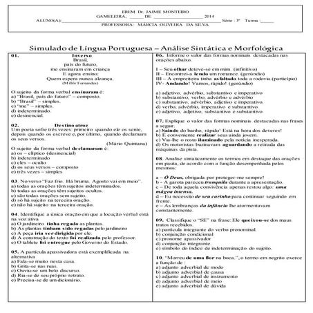 Simulado língua portuguesa 3º