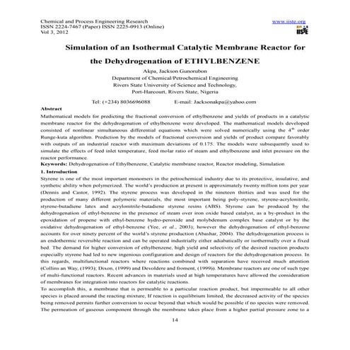 Simulation of an isothermal catalytic membrane reactor for the dehydrogenatio...
