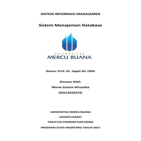 SIM, Winne Zaneta Wirastika, Hapzi Ali, Sistem Manajemen Database, Universitas Mercu Buana, 2017