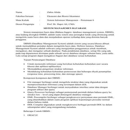 SIM, Zahra Abida, Hapzi Ali, Sistem Manajemen Database, Universitas Mercu Bua...