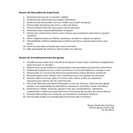 Sinais de decadência espiritual & envelhecimento da igreja