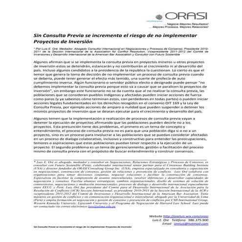 Sin consulta previa no se lograran proyectos de inversión - DS 005-2016-PCM P...