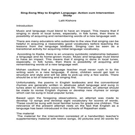 Sing-Song Way to English Language: Action cum Intervention Study