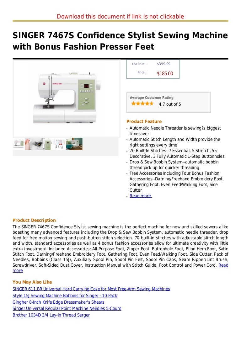 Singer 7467 s confidence stylist sewing machine with bonus fashion pr…