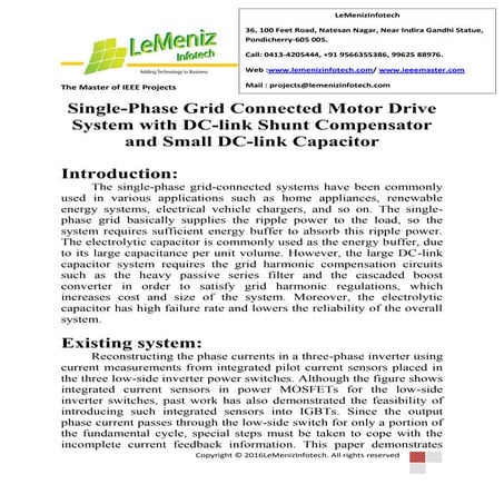 Single phase grid connected motor drive system with dc-link shunt compensator...