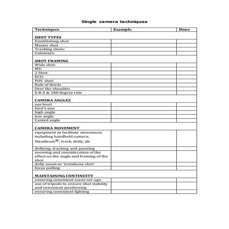 Single camera techniques list