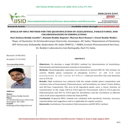 Single rp hplc method for the quantification of aceclofenac, paracetamol and ...