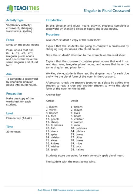 singular to plural crossword ejercicios pdf singular to plural crossword ejercicios pdf