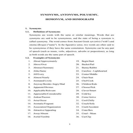 SYNONYMS, ANTONYMS, POLYSEMY,  HOMONYM, AND HOMOGRAPH