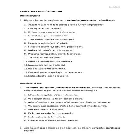 Sintaxi. Exercicis de l'oració composta.