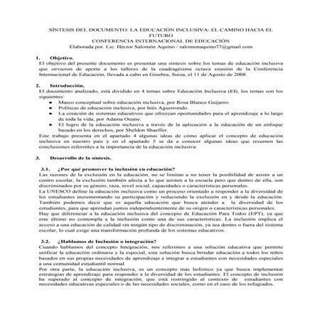 Sintesis la educación inclusiva el camino hacia el futuro | PDF
