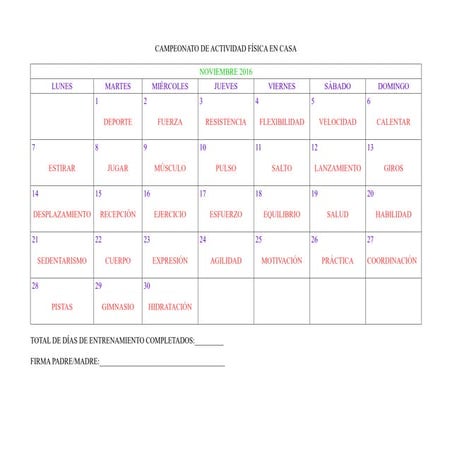 CALENDARIO DE ACTIVIDAD FÍSICA