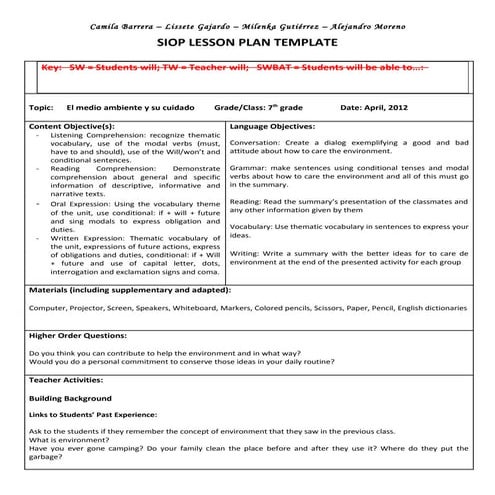 Siop unit lesson plan template sei model