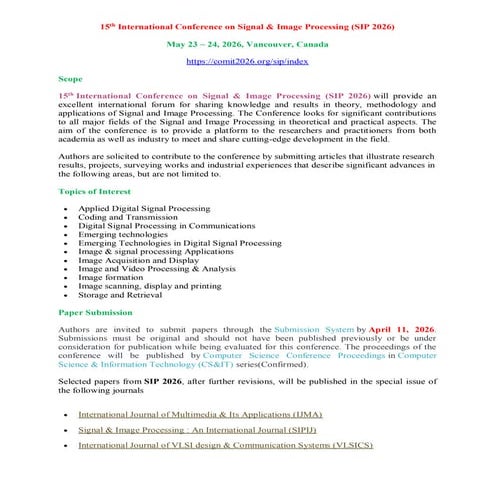 15th International Conference on Signal & Image Processing (SIP 2026) | PDF