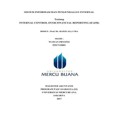 Si & pi, wawan pryono, hapzi ali,  internal control over financial reporting (i co fr) dan pengimplemtasiannya, mercu buana, 2017