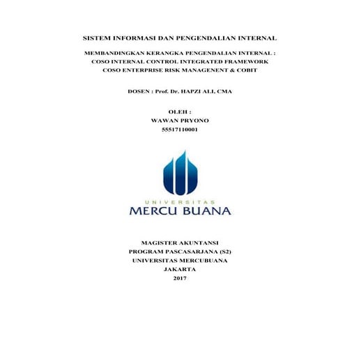 Si & pi, wawan pryono, hapzi ali, membandingkan kerangka pengendalian internal, coso internal, coso enterprise dan cobit, mercu buana, 2017