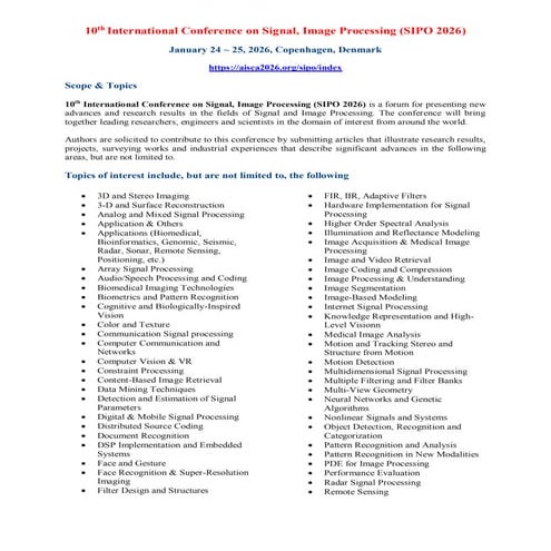 10th International Conference on Signal, Image Processing (SIPO 2026)