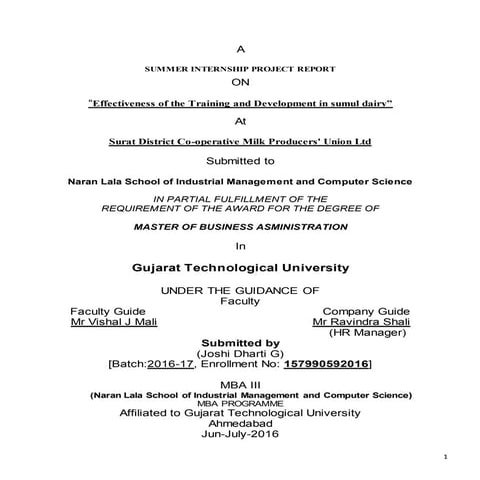 Sip  project at (sumul dairy)by Dharti G joshi "Effectiveness of Training and...