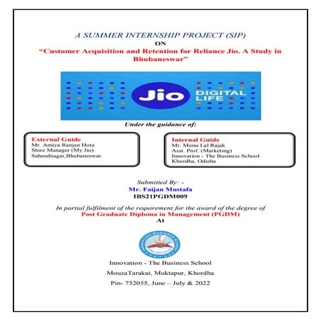 SIP Report on Customer Acquisition and Retention for Reliance Jio,By Faijan M...