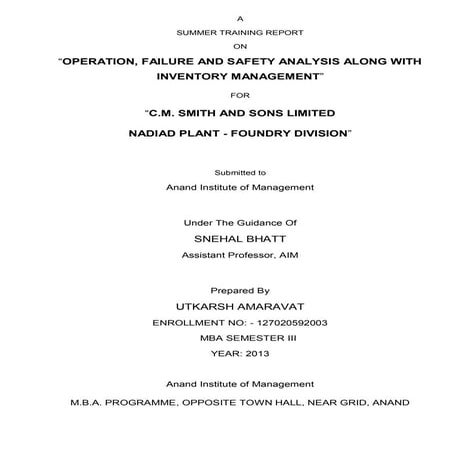 Operation, Failure and Safety Analysis along with Inventory Management 