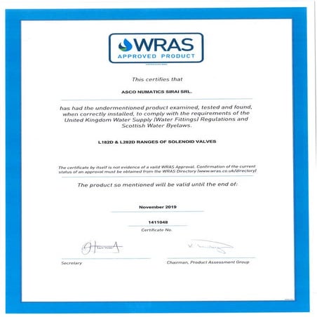 SIRAI ASCO Numatics Solenoid Valves WRAS Approved - SIRAI L182D L282D