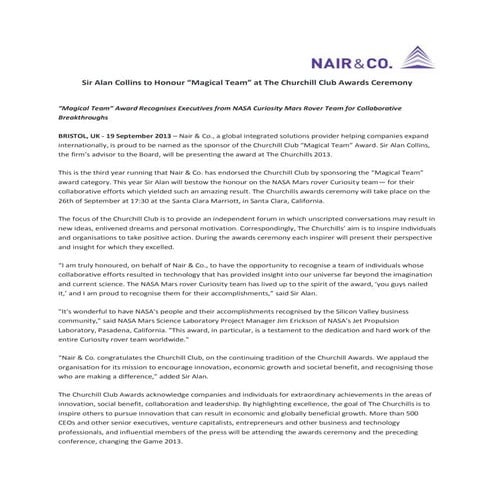 Sir Alan Collins to Honour “Magical Team” at The Churchill Club Awards Ceremony