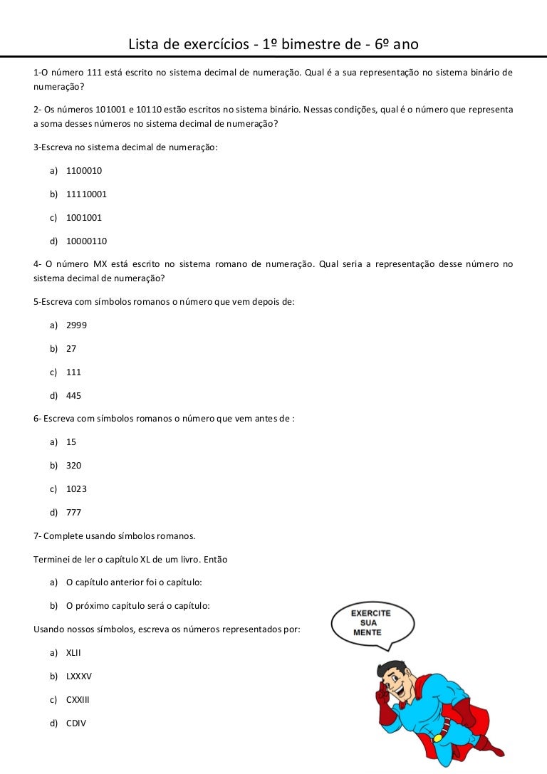Exercicios Sistema De Numeração Decimal 6 Ano Com Gabarito
