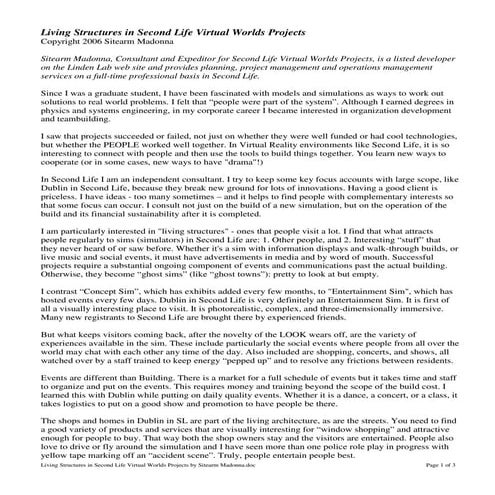 Living Structures in Second Life Virtual Worlds Projects