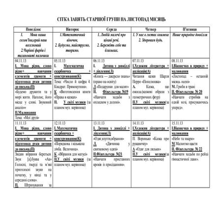 Сітка занять для старшої групи на листопад місяць 201