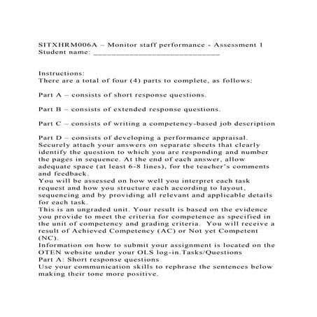 SITXHRM006A – Monitor staff performance - Assessment 1Student na.docx