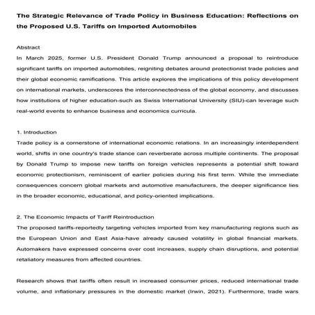 The Strategic Relevance of Trade Policy in Business Education: Reflections on the Proposed U.S. Tariffs on Imported Automobiles