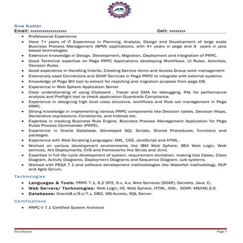 Pega Sample Resume | Pega cssa resumes